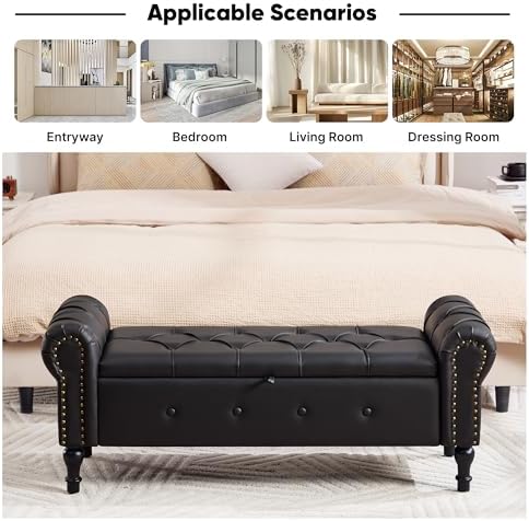 Storage Bench 51" Faux Leather End of Bed Benches Obsidian Black
