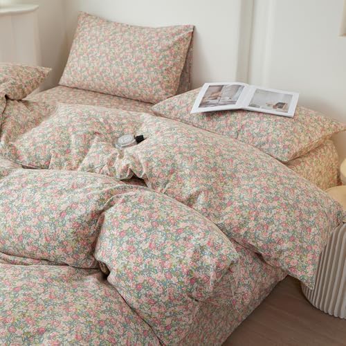 HighBuy 100% Cotton Duvet Cover Queen Size Set,Garden Floral Comforter Cover for Women Girls,Coquette Bedding Duvet Cover Set Shabby Chic Pink Floral Bedding Set Breathable Durable Luxury