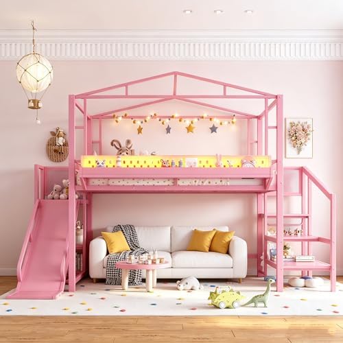 Bellemave Full Size Metal House Loft Bed with Slide and Stairs,Heavy Duty Playhouse Loft Bed Frame with Shelves,LED Lights and Charging Station for Kids,Teens,Adults,Pink