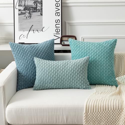 Kevin Textile Soft Corduroy 16x16 Inch Pillow Covers 2 Pack, Aqua Green