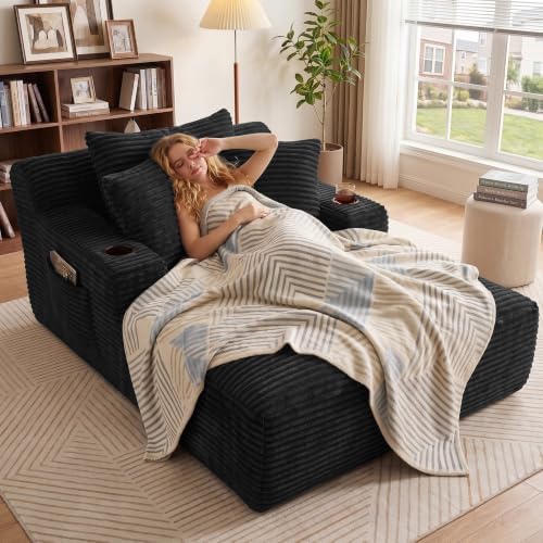 66" Chaise Lounge Chair Indoor, Corduroy Upholstered Reading Chair Oversized Boneless Chair with Deep Seat, Cloud Lounge Chair with 3 Pillows for Living Room, Bedroom, No Assembly Required