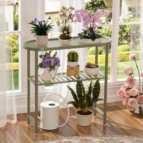 Small Console Table Bamboo 30.7", Modern Entryway Table Green 2-Tier, Narrow Console Table with Anti-Fall Edge, Small TV Stand for Bedroom, Indoor Plant Stand, Sofa Side Table 5min Easy Assembly