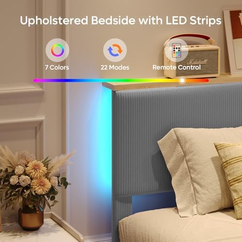 Bestier Queen Size Bed Frame with Headboard Shelf & LED, Upholstered, Grey
