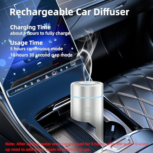 SEEDSEEL 100ML Car Essential Oil Diffuser, Rechargeable Battery Powered, Cordless Portable Aromatherapy Diffuser with 7 LED Color Lights 2 Timer Modes for Car Room Home Office (Silver)