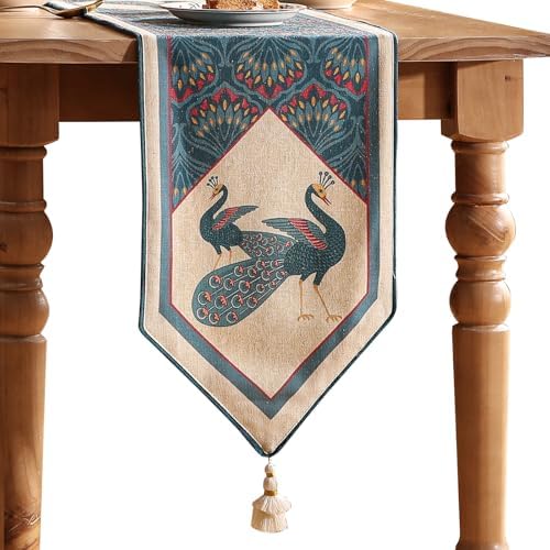 bilingaier Vintage Blue Peacock Small Table Runner for Table,Decorative Linen 102 Inches Long Table Runners,Decor Tabletop for Kitchen,Dining,Tea Party,Home,Christmas,12"x102"