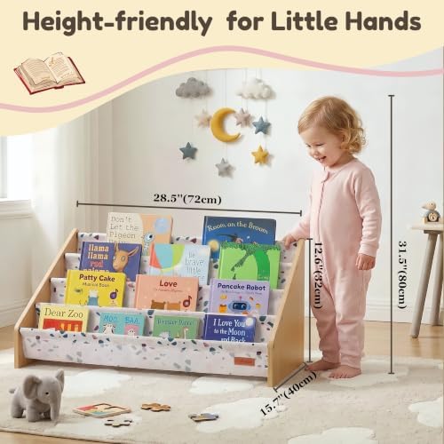 PERFNIQUE Montessori Kids Bookshelf, Wooden Front-Facing Baby Bookcase Organizer for Toddlers, 4-Tier Sling Decorative Book Rack with Deep Pockets for Kid Rooms, Nursery, Playroom & Reading Corner