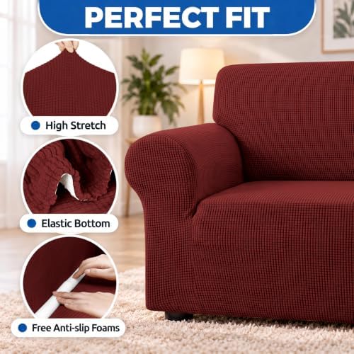 KEKUOU Stretch Couch Covers for Sofa, 3 Cushion Couch Slipcover,Dark Red