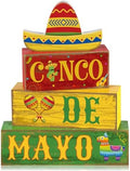 Yuntau 4 Pcs Cinco De Mayo Wood Blocks Tiered Tray Tabletop Centerpiece