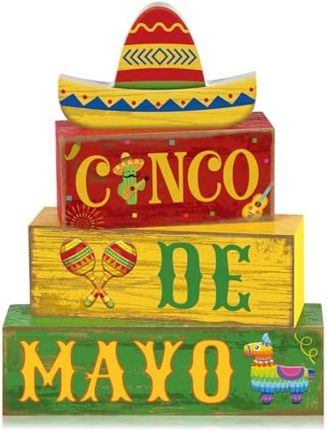 Yuntau 4 Pcs Cinco De Mayo Wood Blocks Tiered Tray Tabletop Centerpiece