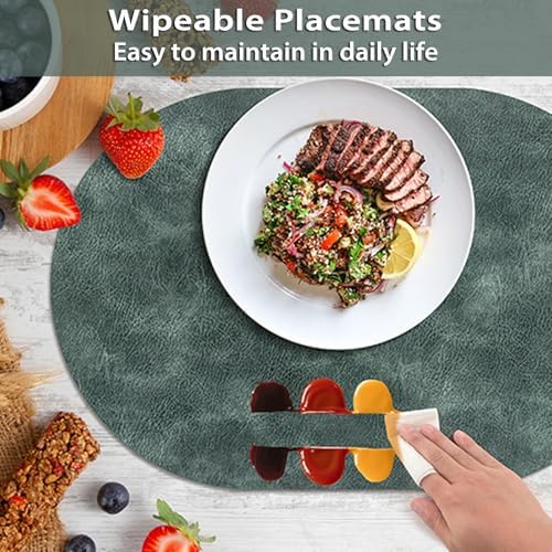 ADRIMER Oval Placemats Set of 12, Wipeable Faux Leather, Blue & Green