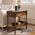 YOSHOOT Farmhouse End Table with Charging Station - Narrow Side Table for Living Room Bedroom Small Space, Wood Nightstand with Drawer and Power Outlets, Walnut
