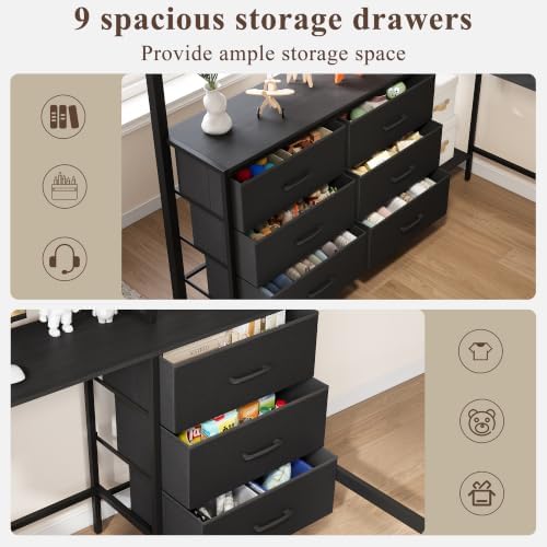 Full Size Loft Bed with L-Shaped Desk and Storage, Black