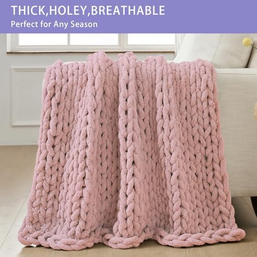 Bigacogo Chunky Knit Throw Blanket for Couch, 51x63 inches, Dusty Pink