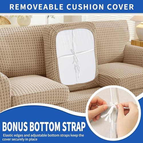 MAXIJIN 3 Pieces Stretch Couch Covers for 2 Cushion Couch Washable Sofa Cover with 2 Extra Large Seat Soft Loveseat Sofa Slipcovers with Non Slip Strap (Khaki), 71"-91"(2 XL Cushions)