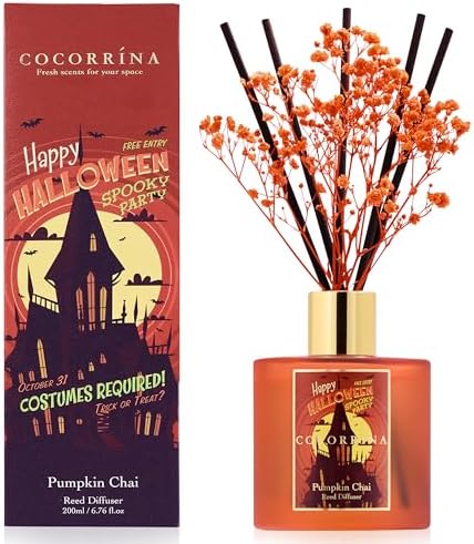 COCORRÍNA Reed Diffuser - Pumpkin Chai 6.7 fl oz Scented Diffuser with 8 Sticks Home Fragrance Bathroom Shelf Decor (Halloween Collection)