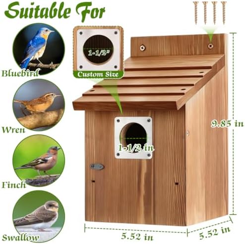 Dreyoo 4 Pack Bluebird Houses for Outside with Metal Predator Guard, 1-1/2" Entrance Hole Wooden Blue Bird Houses for Outdoors, Bluebird Nesting Box(Burnt Wood)