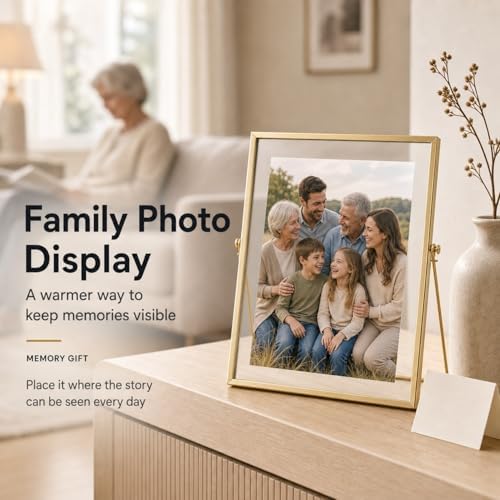 AceList Floating Picture Frame, 8x10 Gold Double Glass, Tabletop