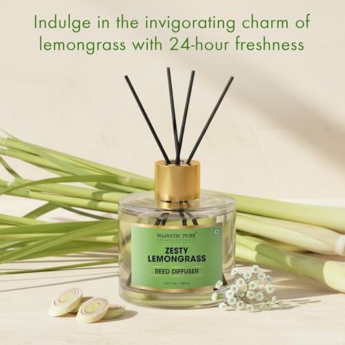 Majestic Pure Lemongrass Reed Diffuser for Home, Bathroom & Office | Natural Aromatherapy Air Freshener & Room Fragrance, with Reed Sticks & Dried Flowers 3.4 fl oz