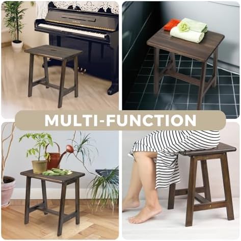 Acacia Wood Stool - Rectangular (16.7" D x 13" W x 17.7" H) - Small Bench Seat, End Table, Bathroom, Plant, Makeup Stool - Walnut Color
