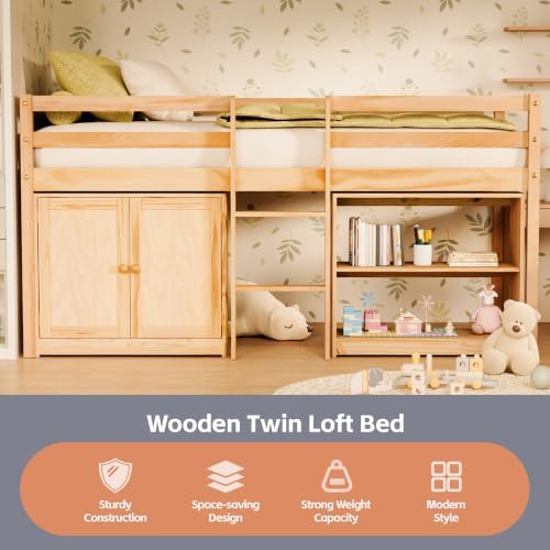 Low Loft Bed Twin Size with Storage Cabinet for Kids, Natural Wood