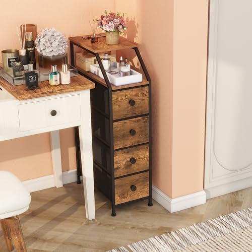 Tohomeor Narrow Dresser Tall Skinny Storage Tower Vertical Slim Chest of Drawers with Charging Station Small Nightstand Side Table for Bedroom, Bathroom, Small Spaces (Rustic Brown, 4 Drawers)