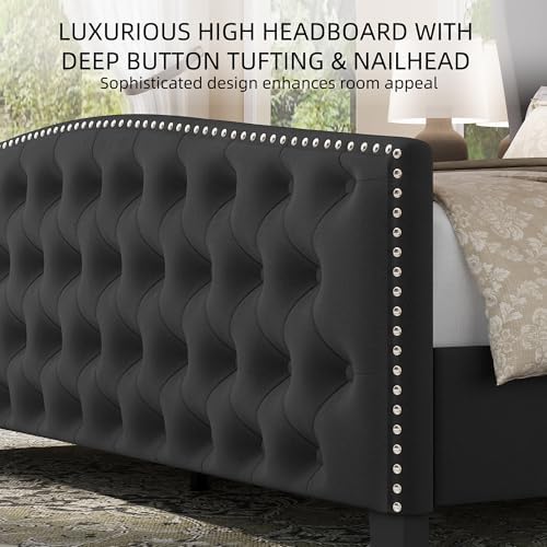 BRELTAM Upholstered Queen Size Bed Frame Velvet Tufted Platform Bed Frame with Wingback Headboard & Footboard, with Deep Button Tufted & Nailhead Wooden Slats Support, No Box Spring Needed,Grey