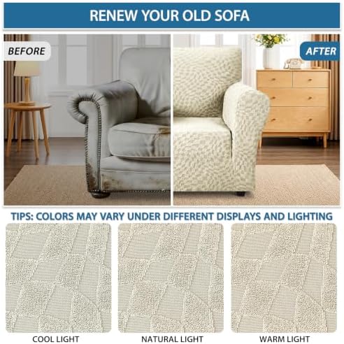ZNSAYOTX 1 Piece Stretch Chair Cover with Arms (34"-44"), New Plaid Armchair Cover with Elastic Band for Living Room, Ultimate Soft Cozy Washable Chair Slipcover Form Fit Protector, Beige