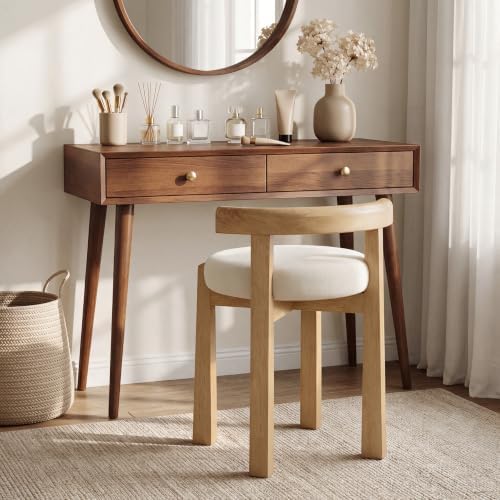 Wood Vanity Stool with Faux Wool Cushion, Upholstered Makeup Chair with Solid Wood Frame, Round Vanity Stool Seat for Makeup Room, Bedroom, Living Room, 20-Minute Assembly, Oak