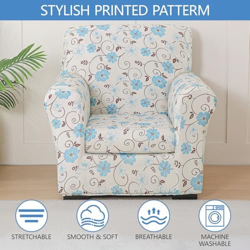 Stretch Printed Sofa Cover Couch Covers, 2-Piece Armchair Cover with Separate Cushion Cover, Washable Soft Spandex Furniture Protector for Living Room(Armchair,White-Blue-Brown Floral)