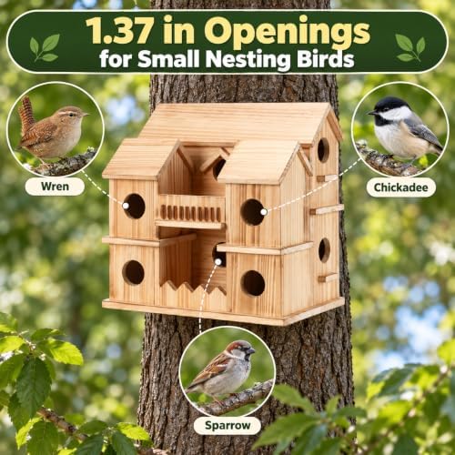 10-Hole Cedar Birdhouse Cottage for Outside, Small Bird House
