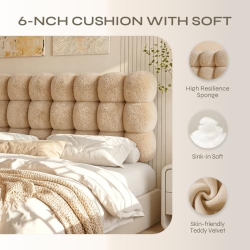 Pinmoco King Cloud-Shaped Upholstered Headboard, Teddy Fleece Light Brown