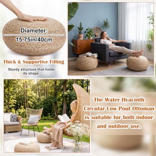 Briwooody 2 Pcs Handmade Round Water Hyacinth Low Pouf Ottoman