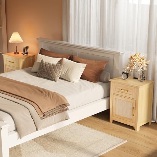Decofy Rattan Nightstand Set of 2 with Charging Station, Drawer and Cabinet