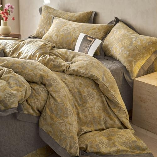 Jacquard Floral Duvet Cover Set King,Yarn-Dyed Cotton Yellow Gold Flower Duvet Cover Bordered,Vintage Garden Style Bedding Set King