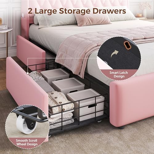 Queen LED Velvet Bed Frame with 2 Storage Drawers&Hidden Headboard, Upholstered Platform Bed with Charging Station&Button Tufted Design, Wooden Slats Support, Box Spring Optional, Easy Assembly, Pink