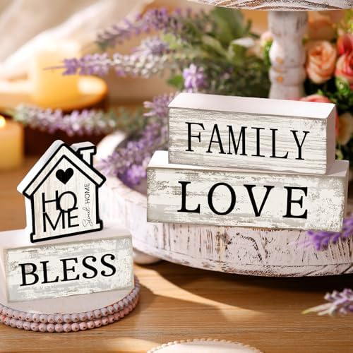 Yuntau 4 Pcs Rustic Farmhouse Decor Wood Block Sign Tiered Tray Decor