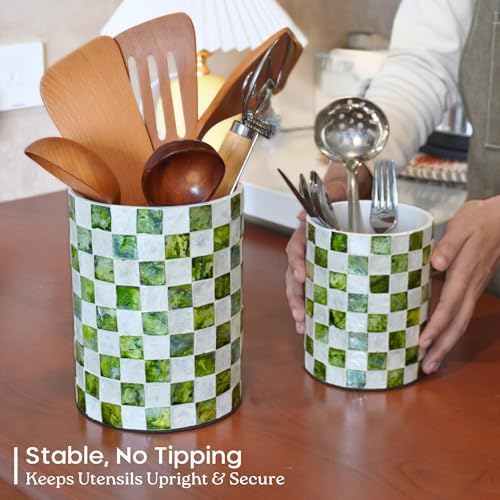 Chi An Home 7,4"+5.8" Capiz Pistachio Green Checkered Utensil Holders Set 2