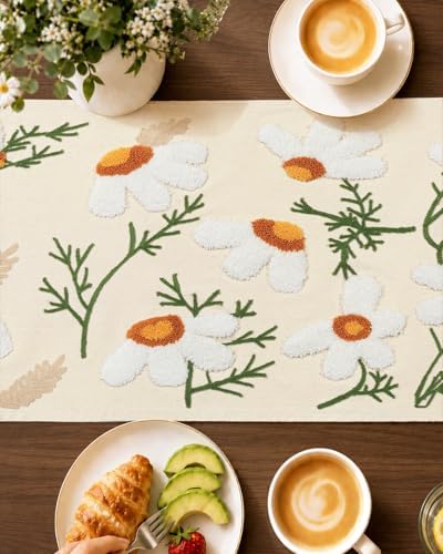 Canvas Embroidered Narrow 13"x 36" Table Runner, Beige Daisy