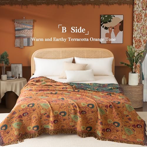 Phuryllic Boho Throw Blanket Queen Size, Oversized Soft Cozy Cotton Muslin Quilt Blanket for Bed Decor, Floral Patterned Couch Sofa Chair Cover, Vintage Farmhouse Cottage Woven Blanket, Green&Orange