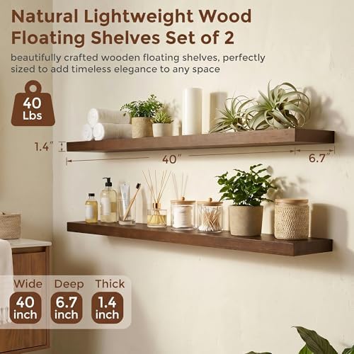 fuqing 40 Inch Floating Shelves 6.7'' Deep Dark Wood Wall Shelves Set of 2
