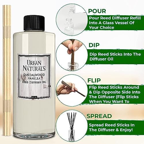 Urban Naturals Reed Diffuser Oil Refill Sandalwood Vanilla with Tahitian Vanilla, Bourbon Notes 8 oz + Free Reed Sticks, Made in the USA