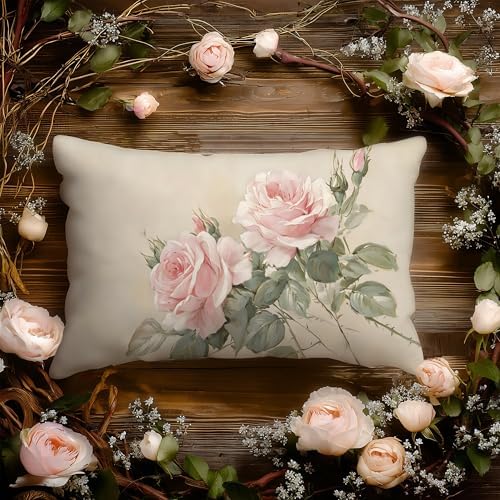 French Country Pink Rose Floral Pillow Cover 12x20 Double-Sided, Vintage Pink Flower Decorative Lumbar Throw Pillow Cover for Home Bedroom Living Room