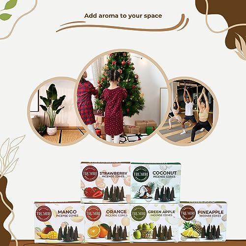 Trumiri Fruity Incense Cones - Variety Pack - Total 60 Cone Incense (6 Scents x 10 Conos) - Strawberry, Coconut, Pineapple, Apple, Mango, Orange - Cone Incense Scents - Insense Cones - Incent Cone