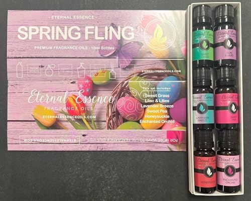 Eternal Essence Oils Spring Fling Set of 6 Premium Fragrance Oils - Includes Sweet Grass, Lilac & Lilies, Lavender Breeze, Sweet Pea, Honeysuckle and Enchanted Orchid Scented Oils - 10ML