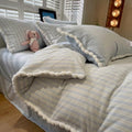 AOJIM Milk Velvet Duvet Cover Set Queen Retro Sky Blue Striped Bedding 3Pcs