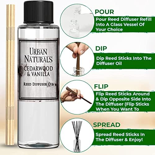 Urban Naturals Reed Diffuser Oil Refill, Cedarwood Vanilla Fragrance Oil with Oak, Cedar, Vanilla, 4 oz + Free Reed Sticks, Made in the USA