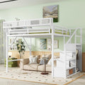 Queen Size Metal Loft Bed Frame with Convertible Staircase, Built-in Storage Shelves & Wardrobe, Loft Bed with Solid Slats & Guardrail, No Box Spring Required, Easy Assembly, for Bedroom, White