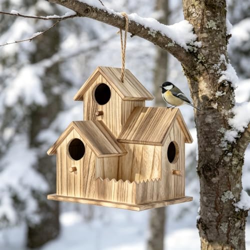 Large Wooden Bird House for Outside, 3-Hole Birdhouse, Outdoor Bird Nesting Box for Bluebird Chickadee Finch Wren, Perfect for Garden Courtyard Decoration