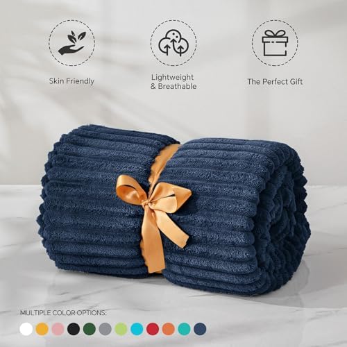 BEDELITE 3D Ribbed Navy Blue Fleece Throw Blanket for Couch, 50x60 Inch