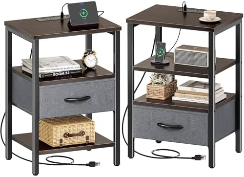 SUPERJARE Nightstand Set of 2 with Charging Station, USB-C Port, End Tables